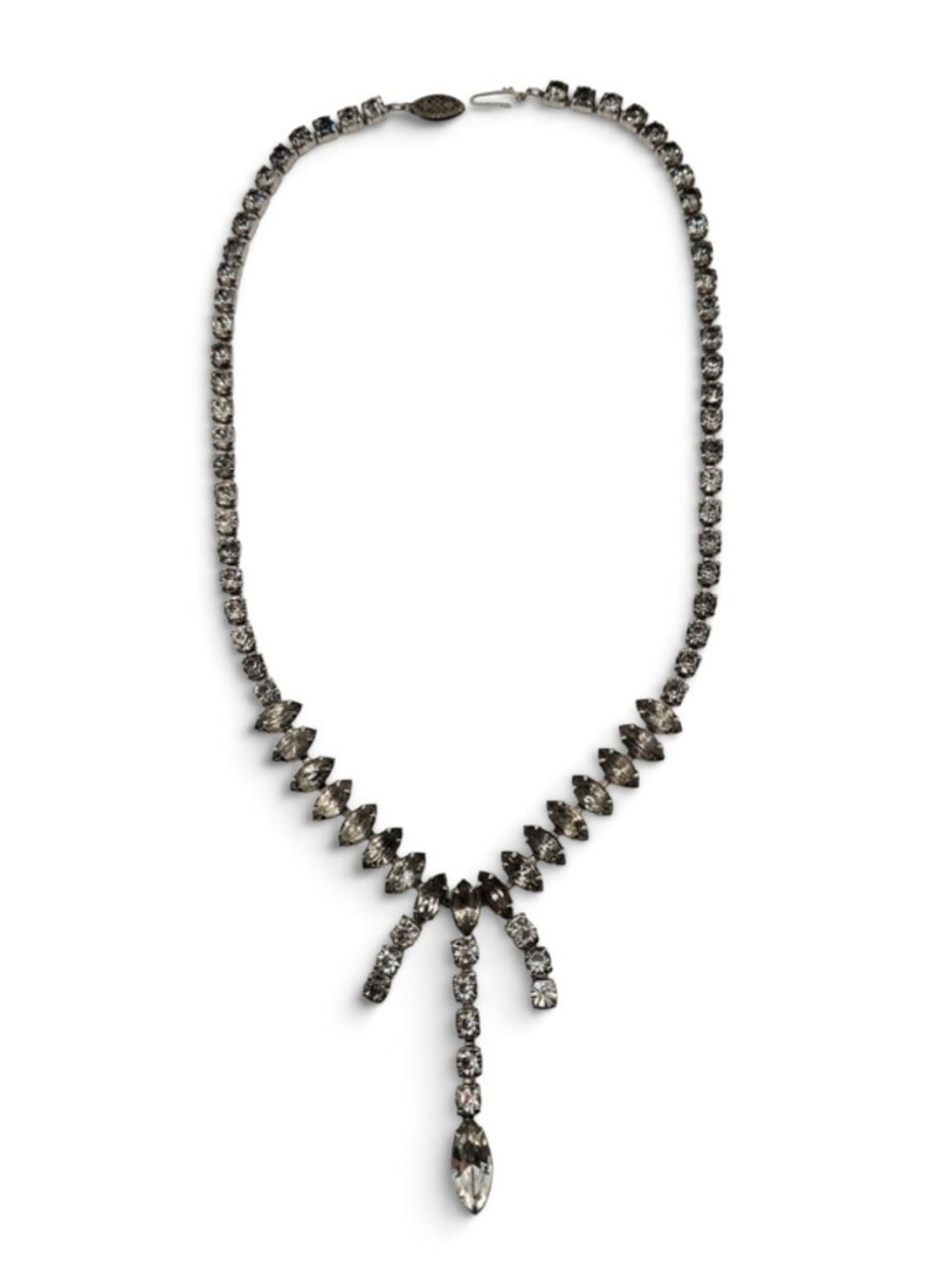 Vintage Rhinestone Drop Necklace – Mid-Century Silver Tone Statement Necklace